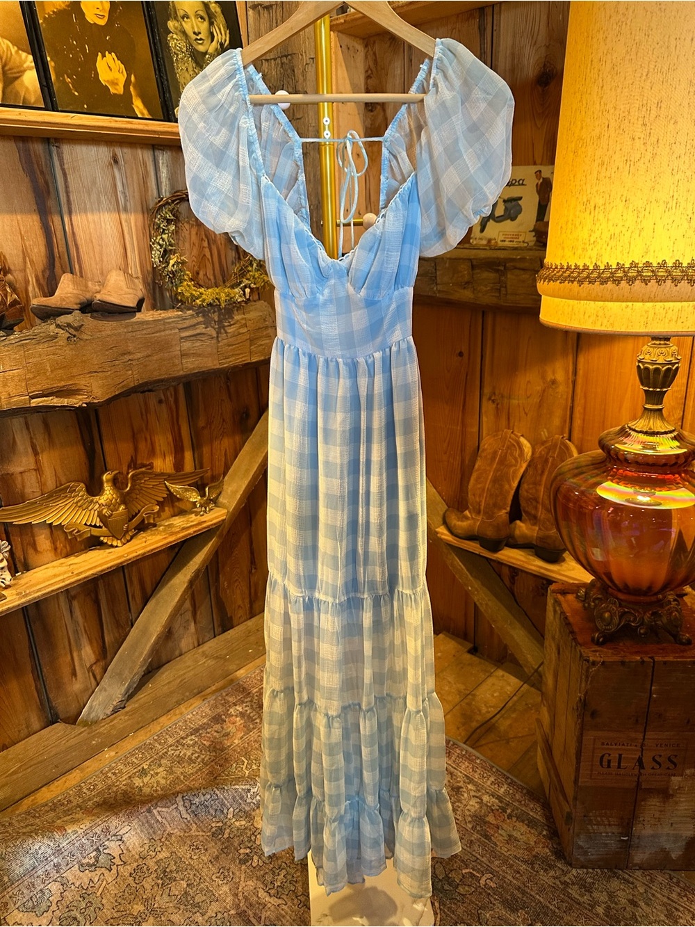 Blue Gingham Puff-Sleeve Maxi Dress with V-Back Tie